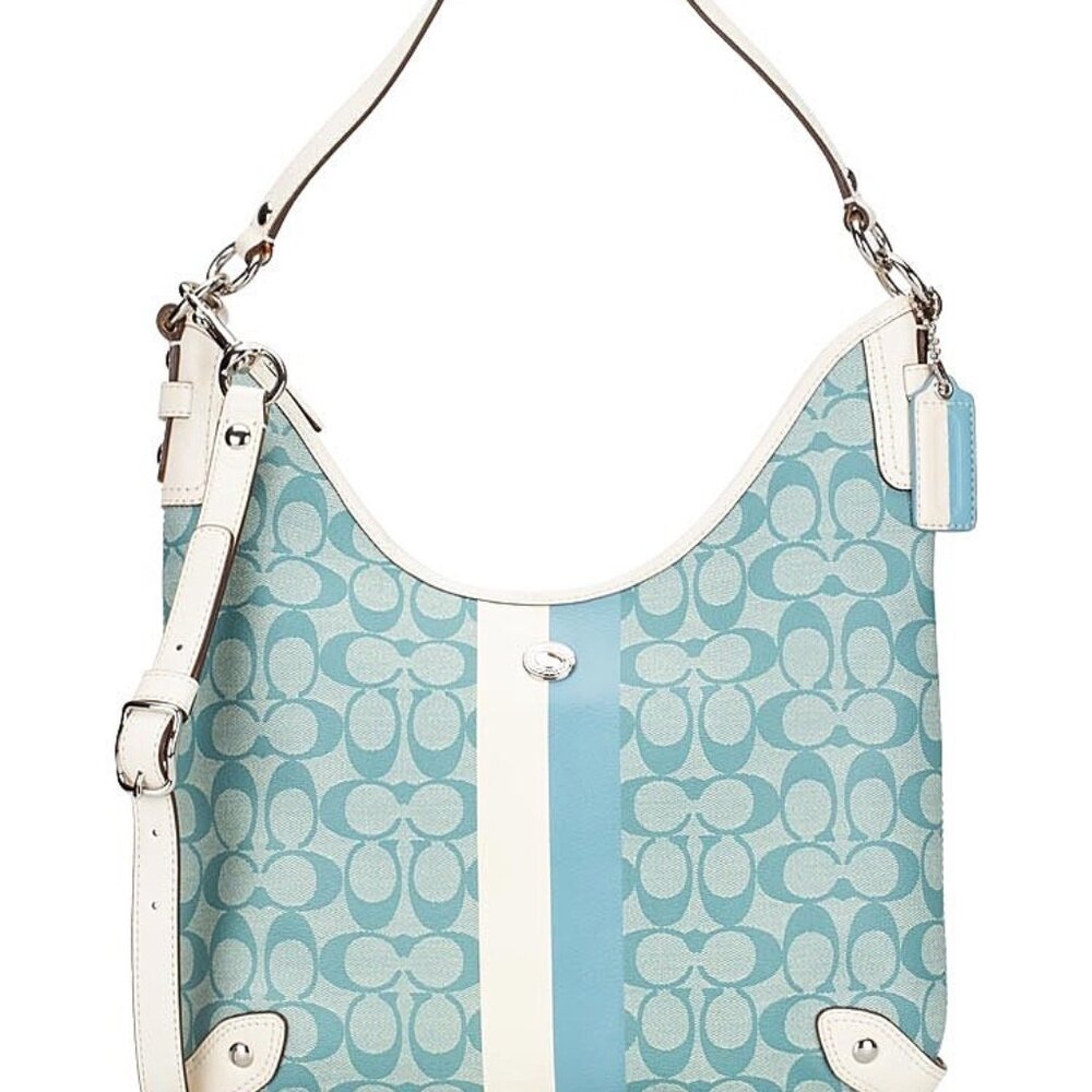 Coach Light Blue and White Signature Hobo Shoulder Bag